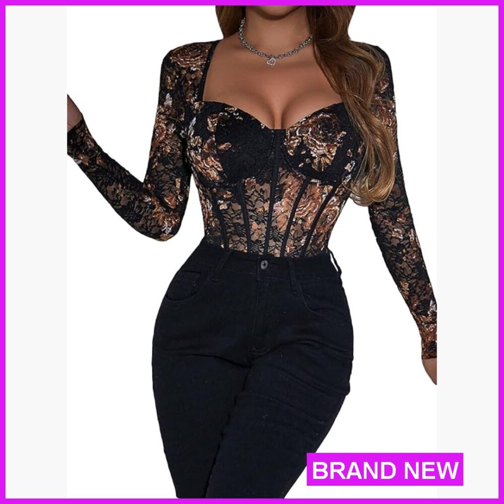 Floral Lace Bodysuit Sweetheart Neck Long Sleeve Slim Fit Y2K Chic